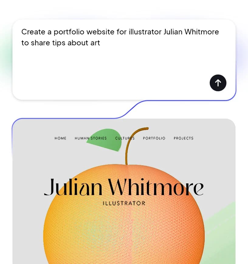 10web output sample showing an AI-generated portfolio website design for Julian Whitmore with a vibrant orange graphic and clean navigation.