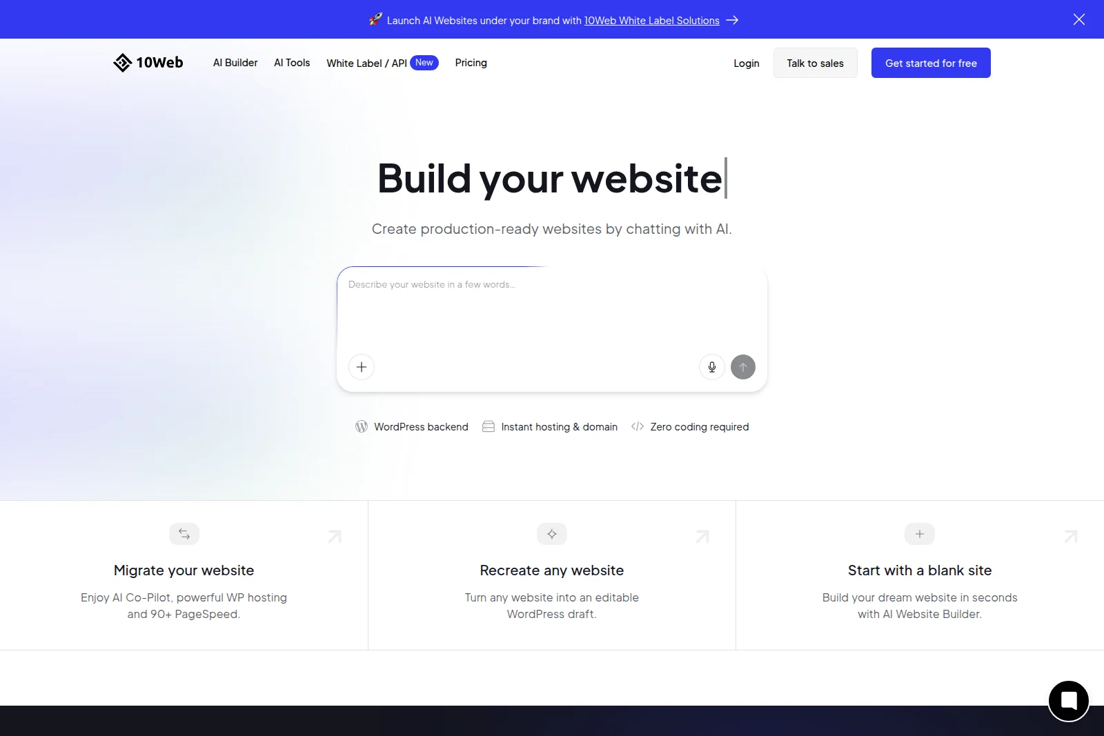 10Web AI Builder workspace showing a prompt to generate a website by description, in a clean, modern interface.