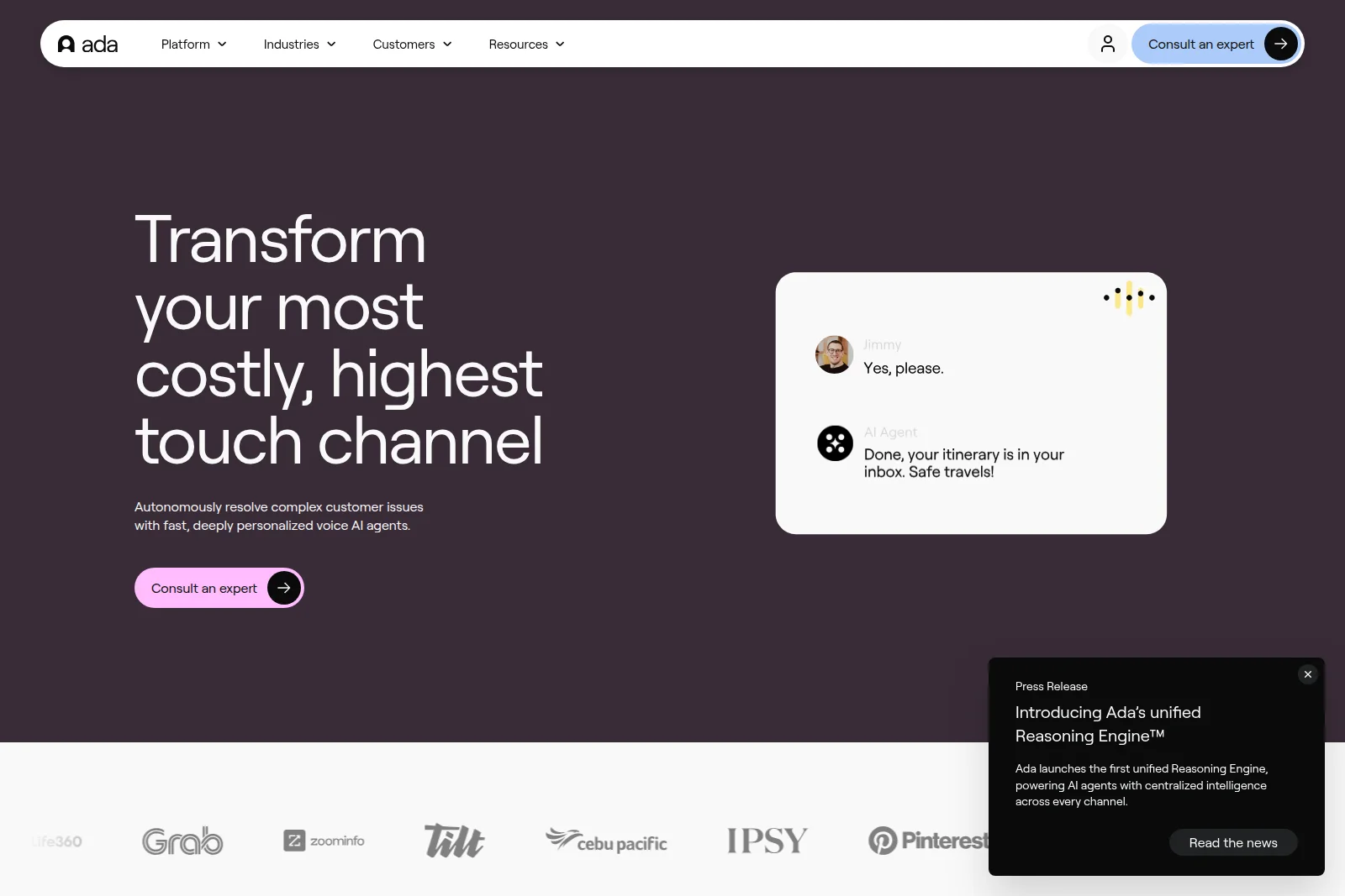 Ada landing page showing an AI agent resolving customer issues through a modern chat interface, demonstrating core functionality.