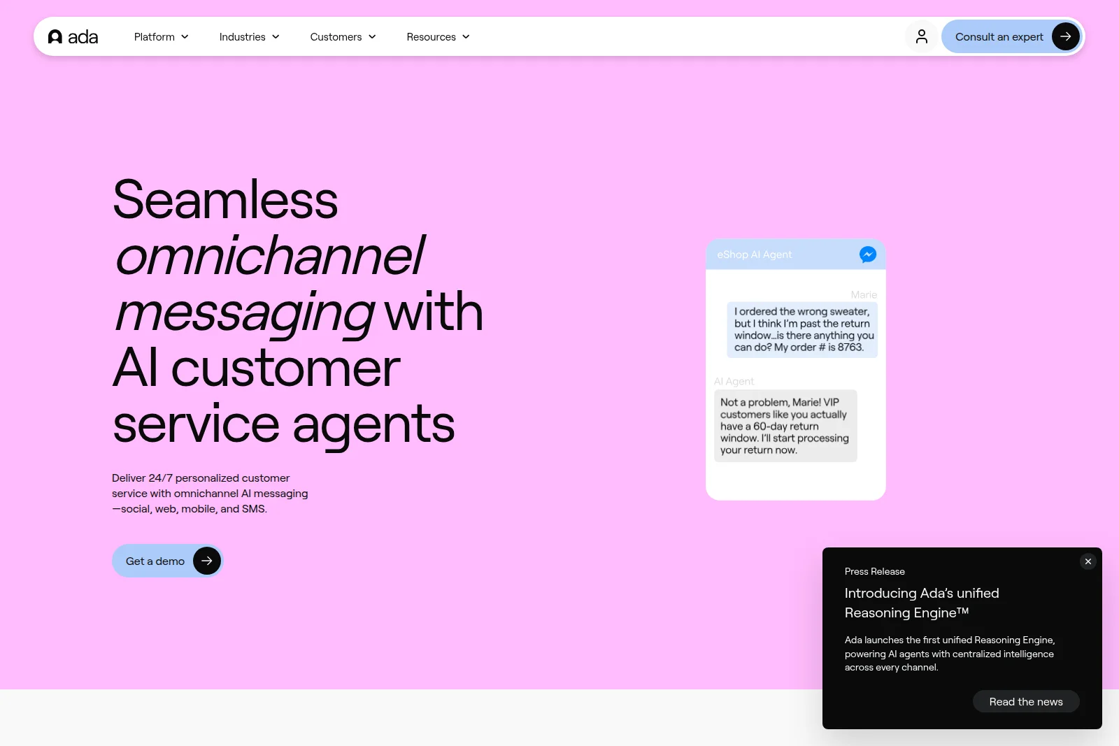 Ada workspace UI showing an AI customer service agent resolving a customer return issue in a modern chat interface.