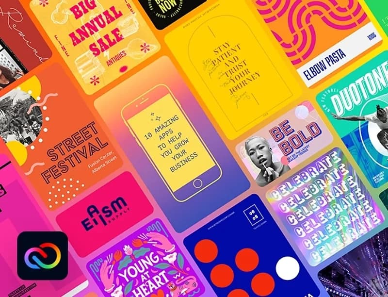 Adobe Firefly gallery showcasing a vibrant collage of diverse marketing materials and design assets.