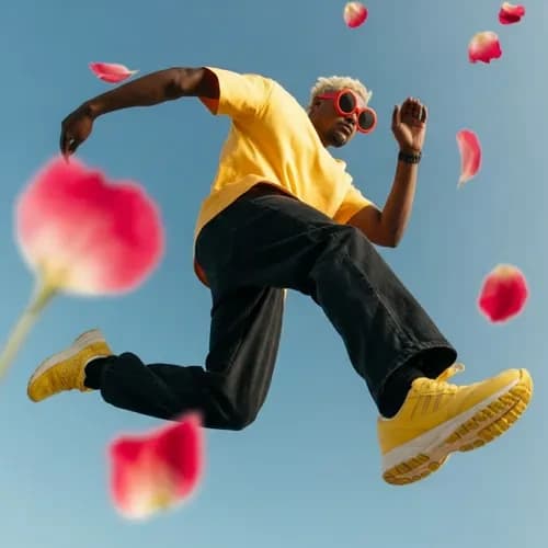 Adobe Firefly output sample showing a man jumping among oversized flower petals in a vibrant and dynamic composition.