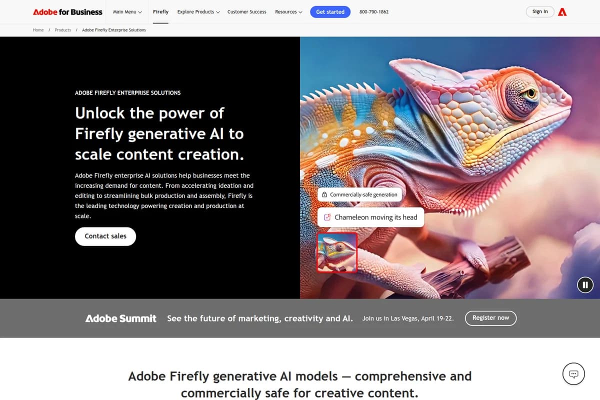 Adobe Firefly enterprise solutions landing page displaying an AI-generated vibrant chameleon with generative AI feature callouts and marketing text.