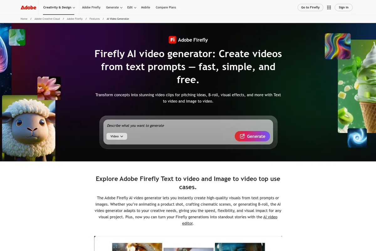 Adobe Firefly AI video generator workspace showing text-to-video prompt input with a dark gradient background