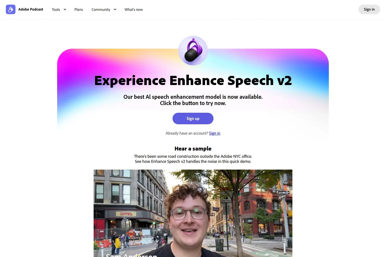 Adobe Podcast's Enhance Speech v2 feature page, showing a microphone icon, a 'Sign up' button, and a demo video featuring a speaker.