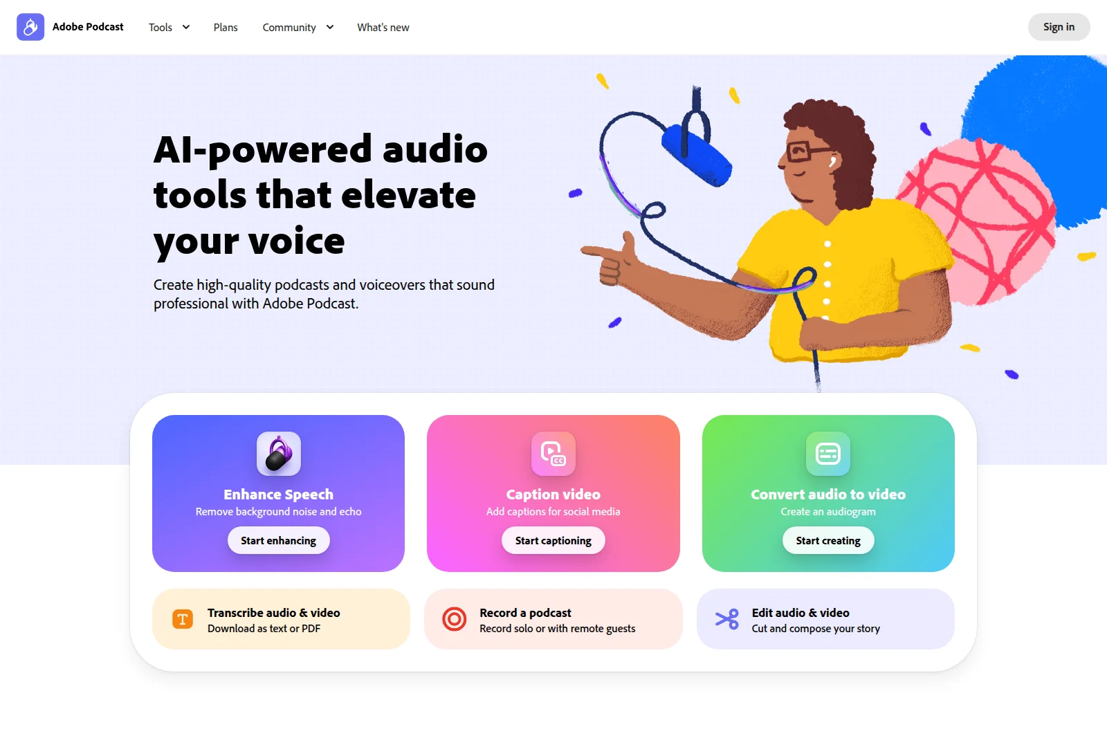 Adobe Podcast homepage showing AI-powered audio tools and feature cards with a clean, vibrant interface.