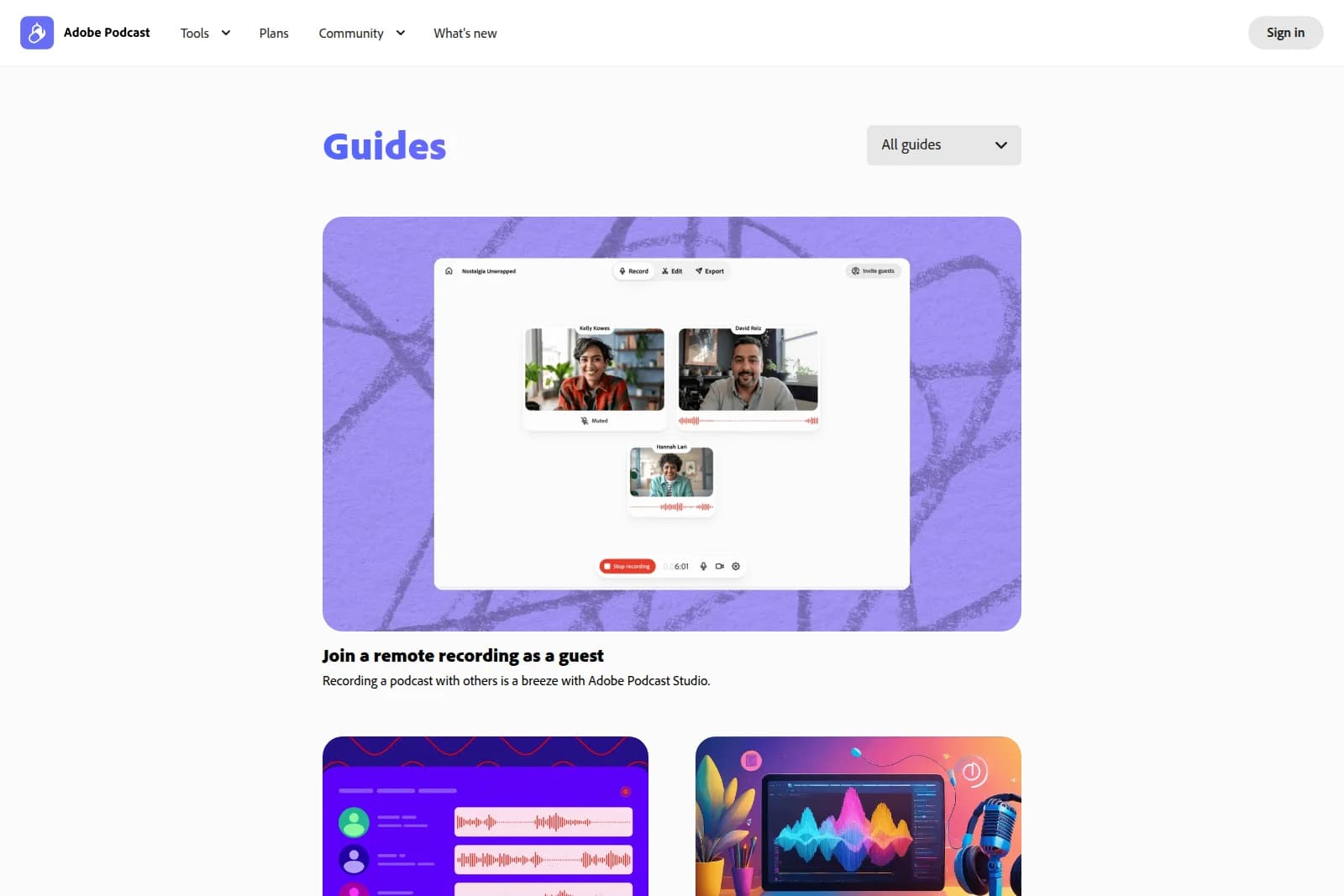 Adobe Podcast remote recording workspace showing three participants with video feeds and audio waveforms in a clean, modern interface.