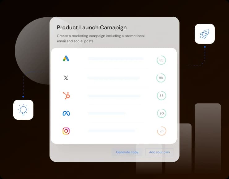 Anyword Product Launch Campaign feature showing content generation across Google Ads, X, HubSpot, Meta, and Instagram platforms with predicted performance scores, presented in a clean, modern interface.