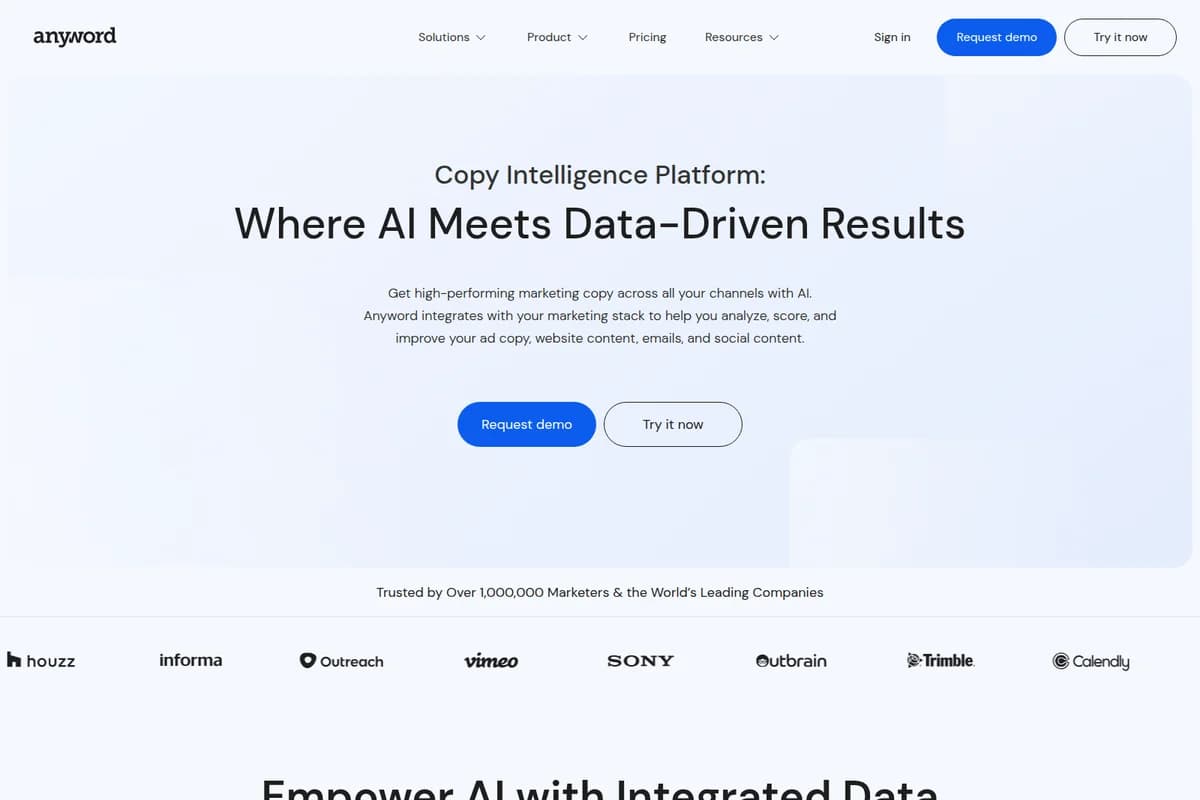 Anyword landing page hero section describing its AI copy intelligence platform with a clean blue and white interface.