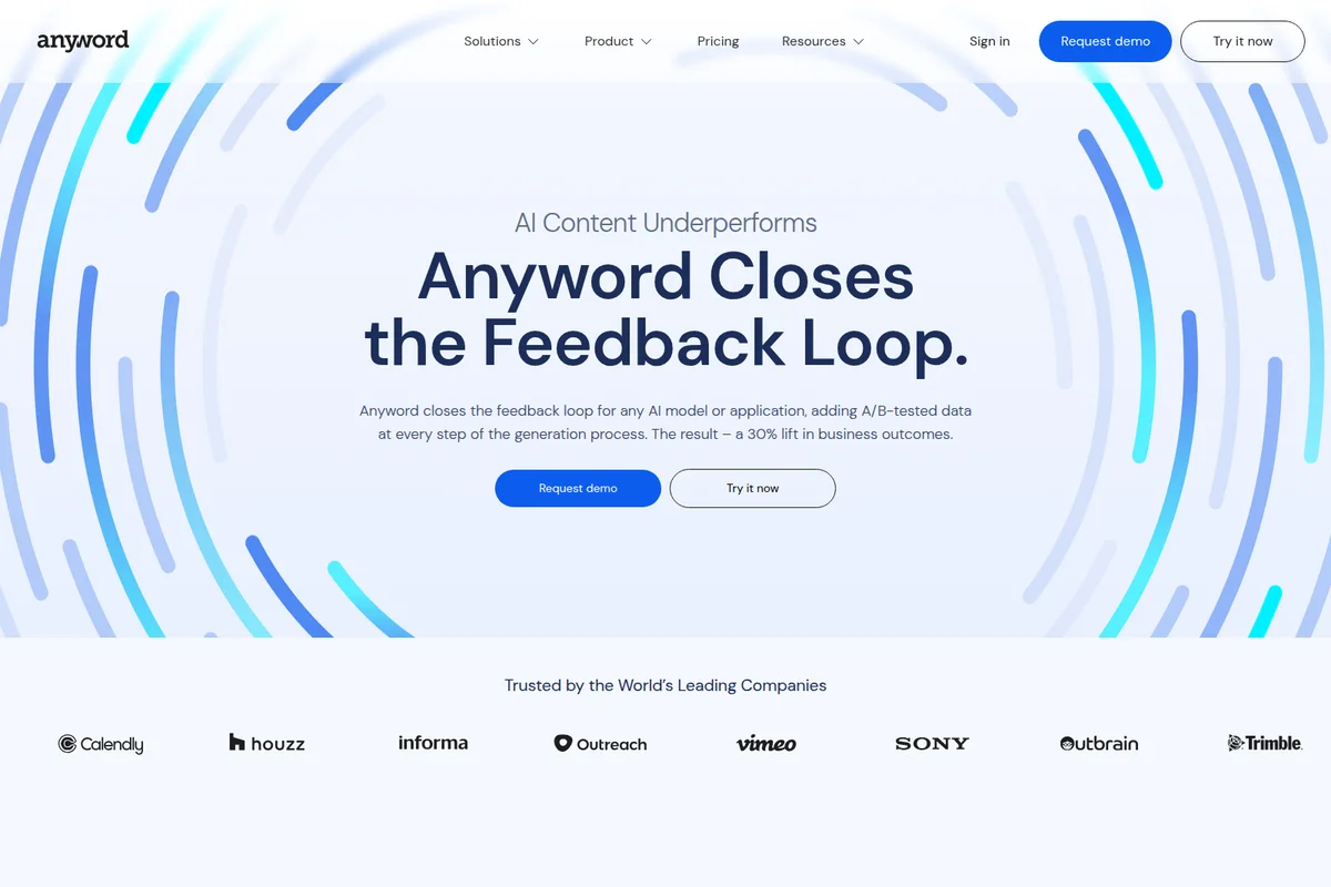 Anyword homepage hero section showcasing its AI content feedback loop value proposition, featuring dynamic abstract graphics and prominent partner company logos.