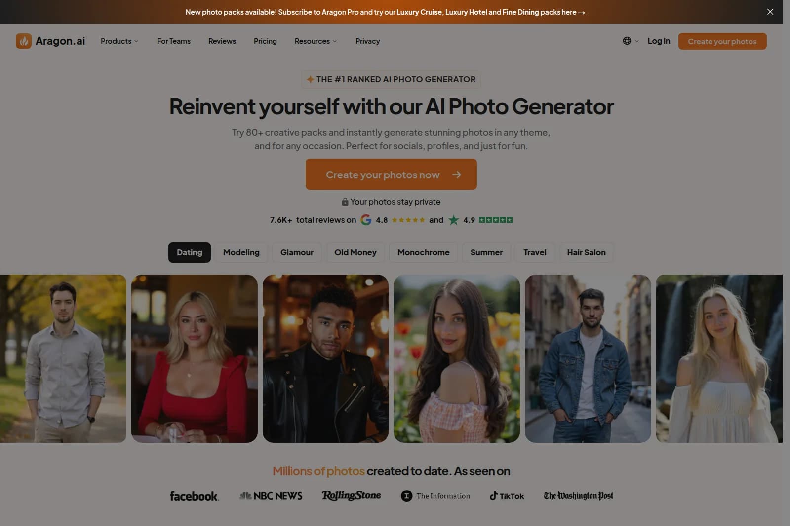 Aragon AI landing page showcasing diverse AI-generated portraits and a call to action to create photos.