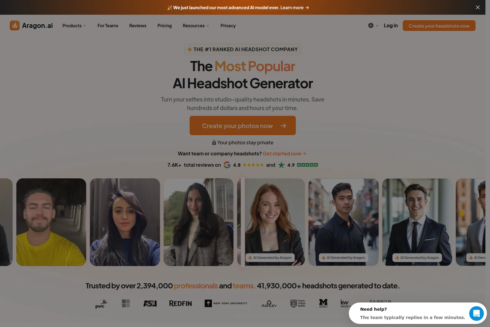 Aragon AI landing page showcasing a gallery of diverse AI-generated professional headshots, a main call to action, and positive user reviews.