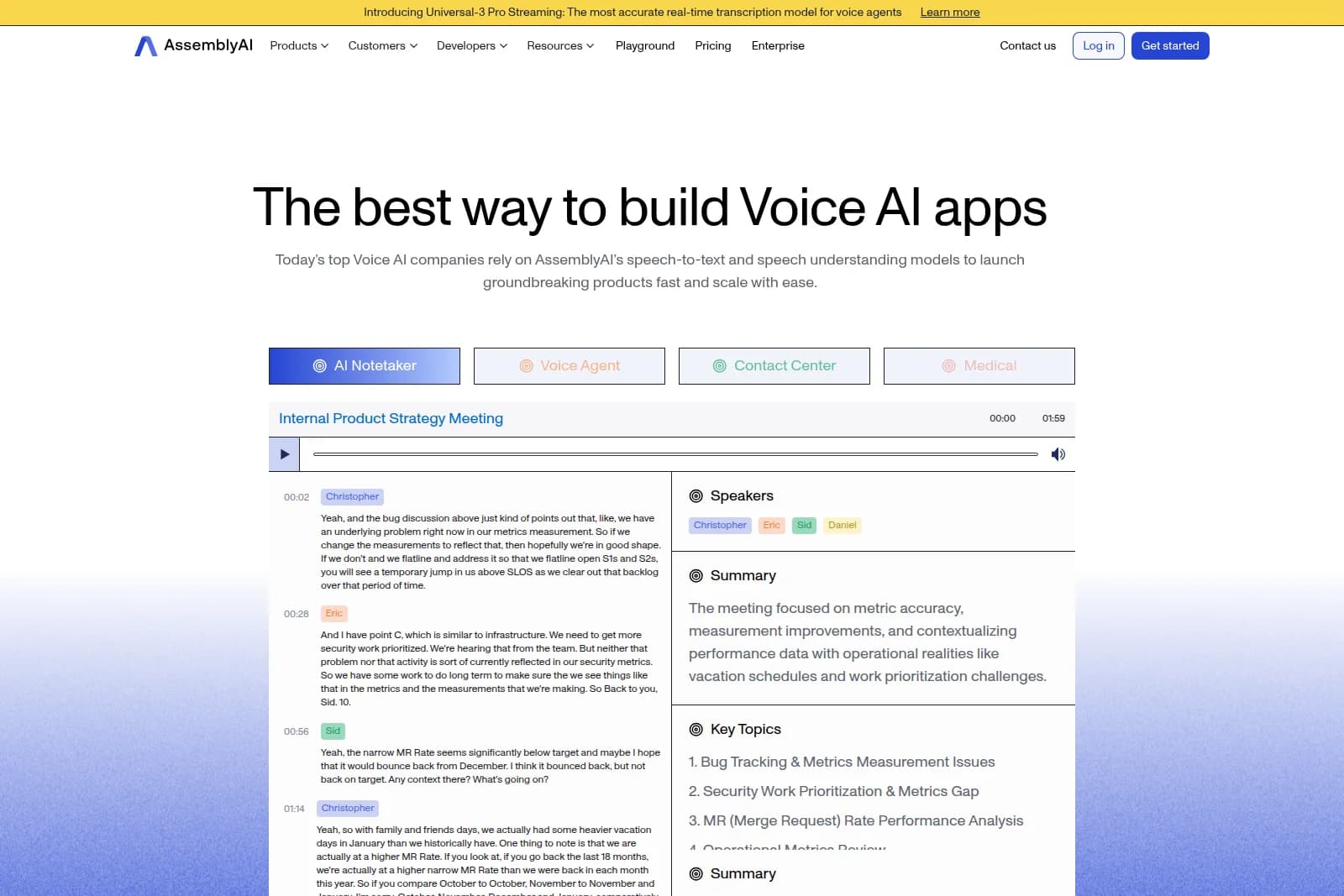 AssemblyAI homepage showcasing the AI Notetaker feature with meeting transcription, speaker diarization, and summary in a clean web interface.