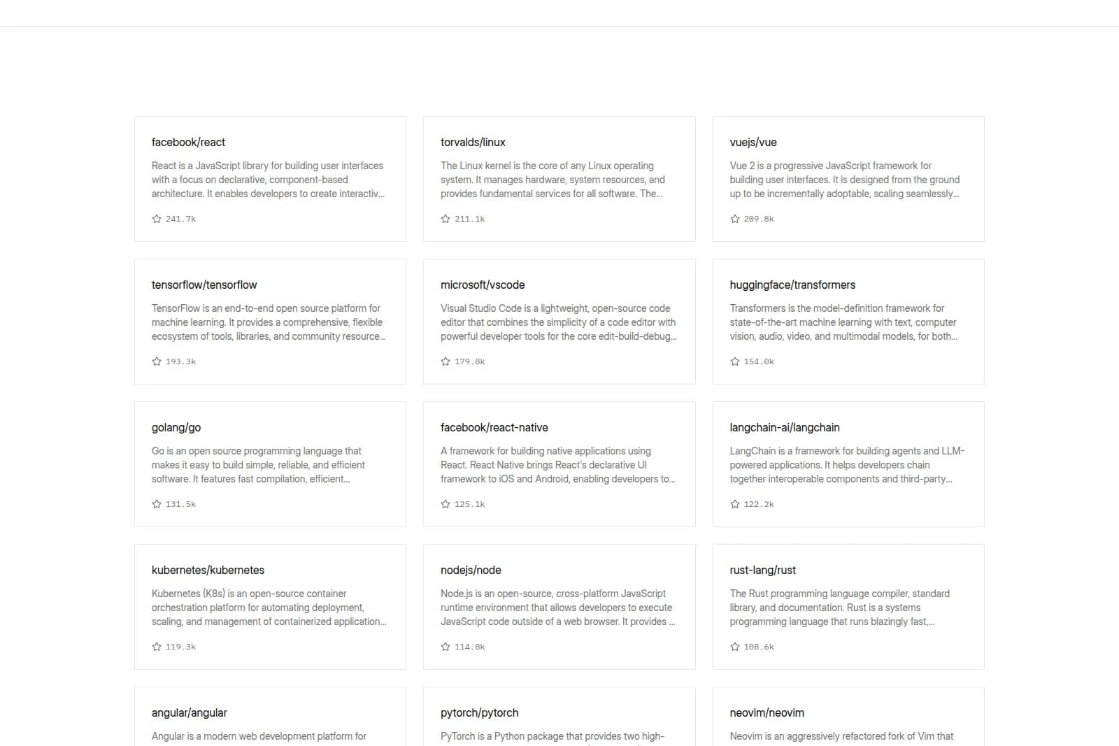 Augment-code open-source project listing showing popular repositories like React and Linux with descriptions and star counts in a clean interface.