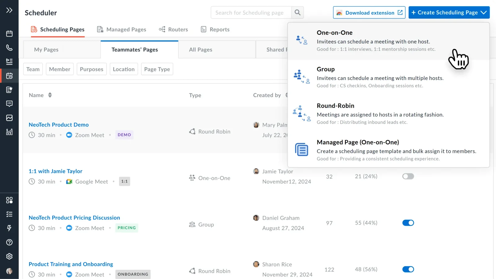 Avoma Scheduler UI showing scheduling page types for creation, with 'One-on-One' highlighted by a cursor in a modern light theme.