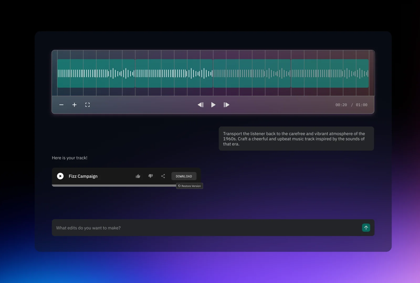 Beatoven.ai workspace showing an AI-generated music track waveform with playback and editing controls in a sleek dark mode.