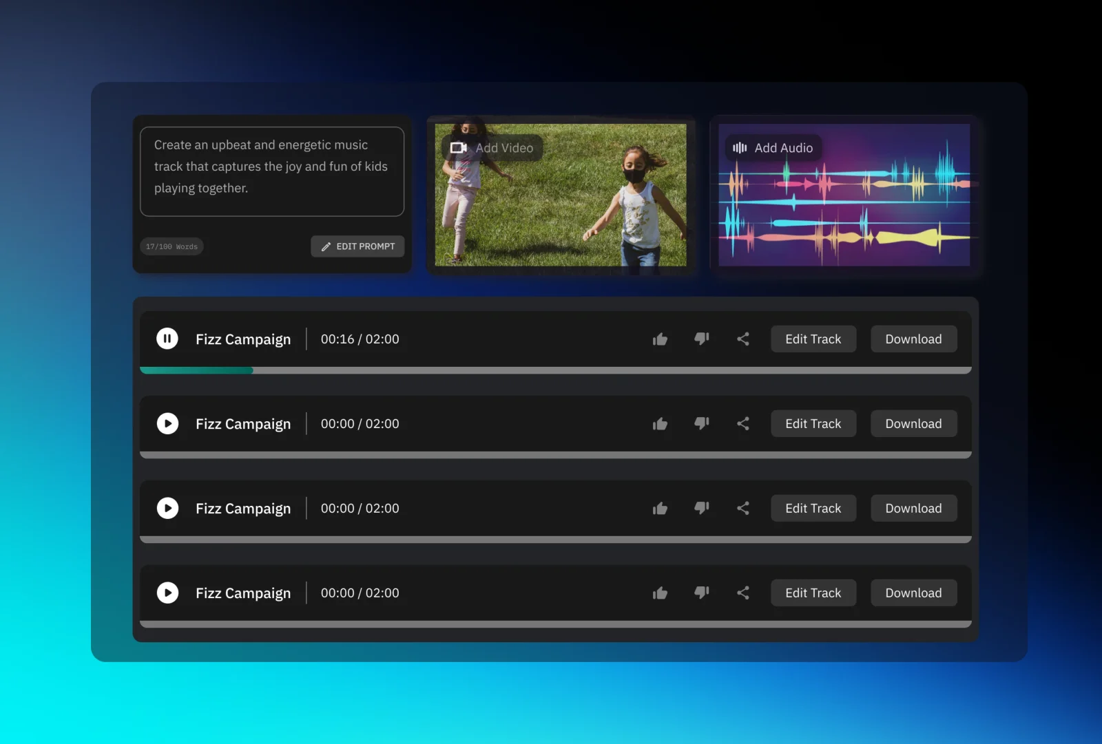 Beatoven AI workspace showing music generation from a text prompt and video input, displaying vibrant audio waveforms in a dark theme.