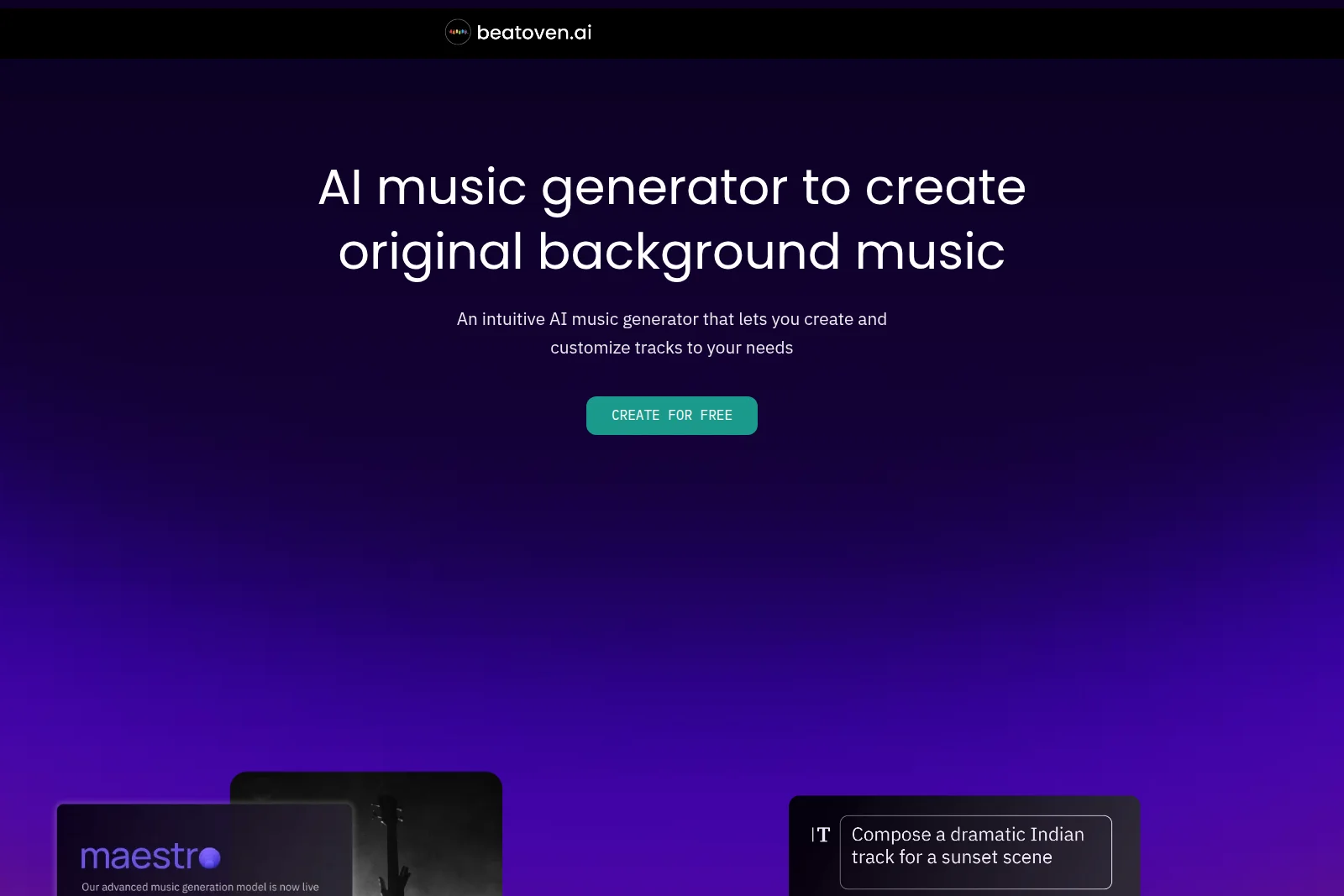 Beatoven.ai homepage promoting AI music generation with a dark purple gradient background and modern typography, featuring a 'Create for Free' button and product capability hints.