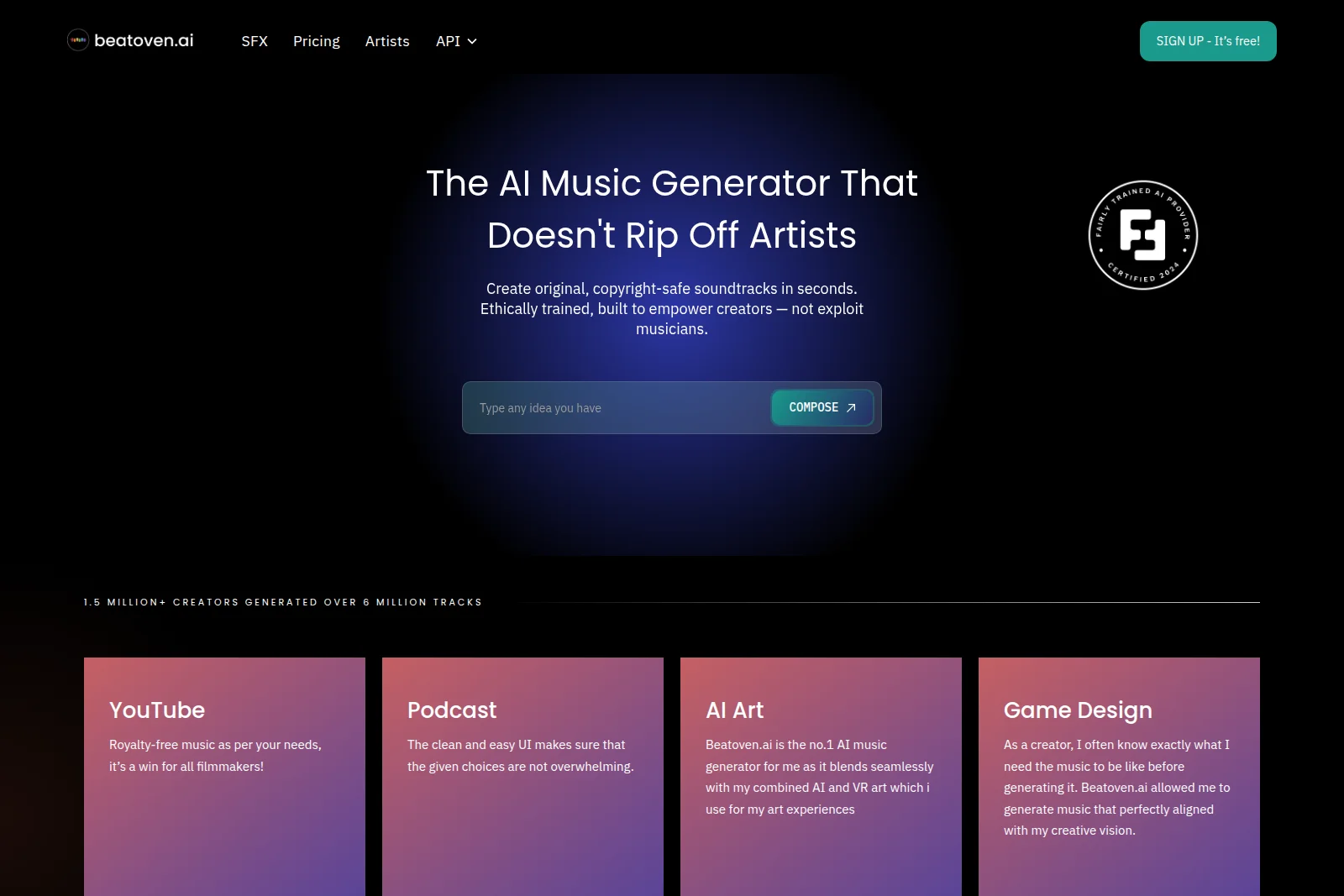 Beatoven.ai workspace showing the AI music generation prompt input with a dark-mode modern interface.