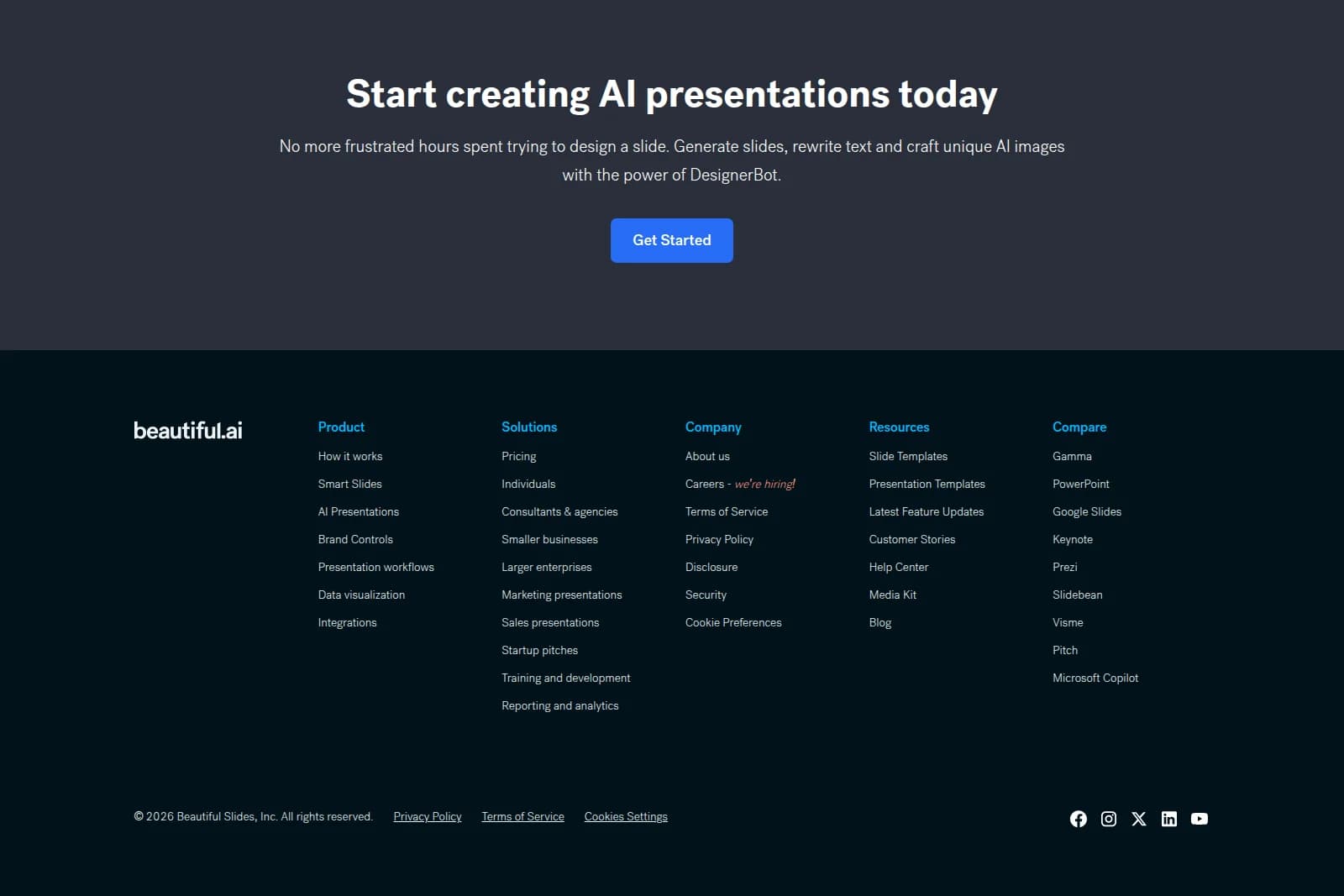 Beautiful.ai landing page encouraging users to create AI presentations with a dark-themed marketing banner and detailed footer.