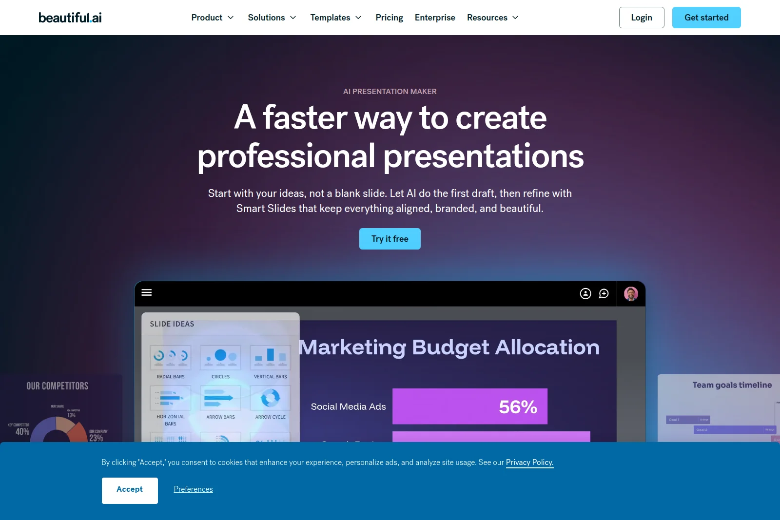 Beautiful.ai homepage hero with AI presentation maker slogan and embedded product UI for creating professional slides, partially obscured by a cookie banner.