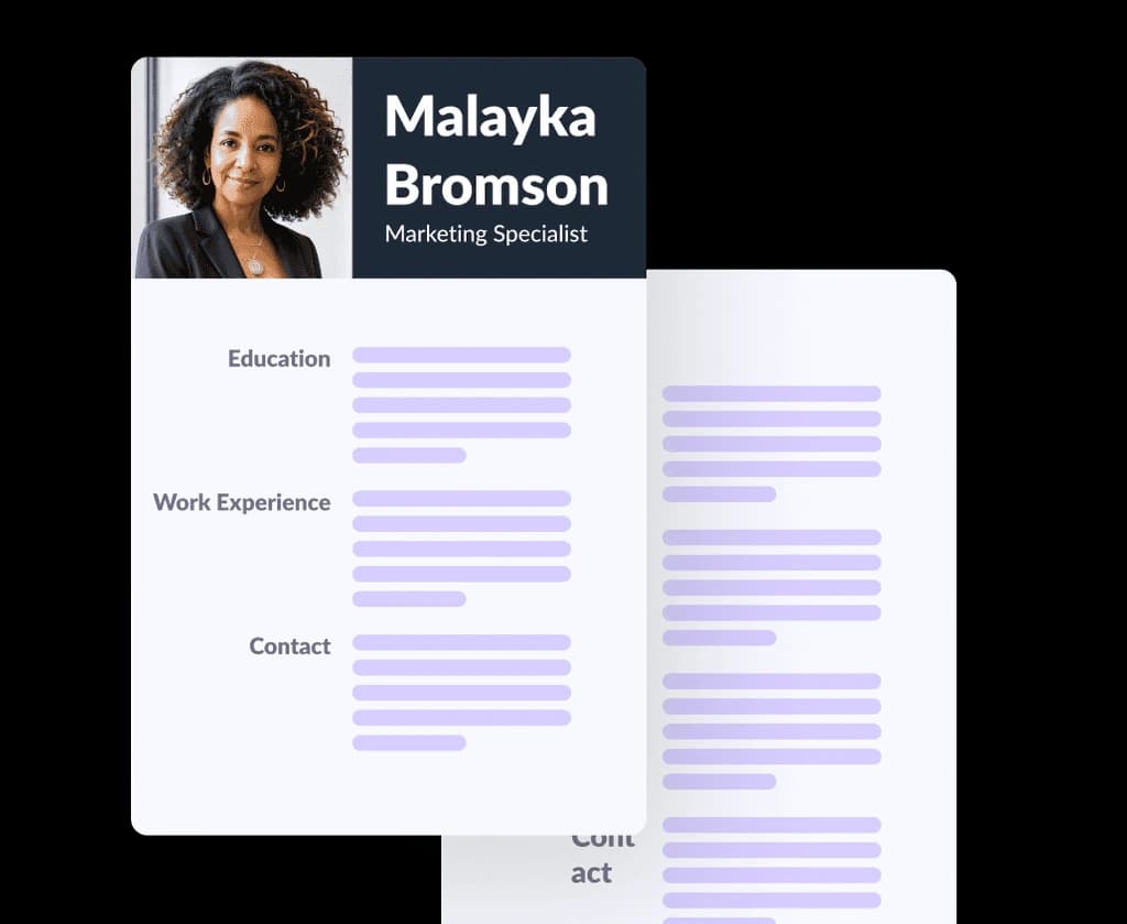 Betterpic resume builder workspace showing a modern professional resume template with profile photo and structured sections.