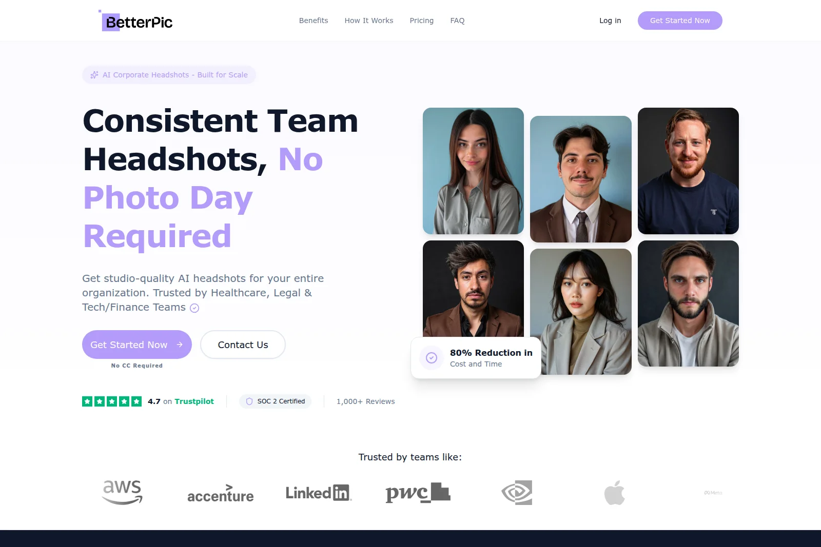 BetterPic landing page showing AI-generated professional headshots for teams with a clean, modern interface.