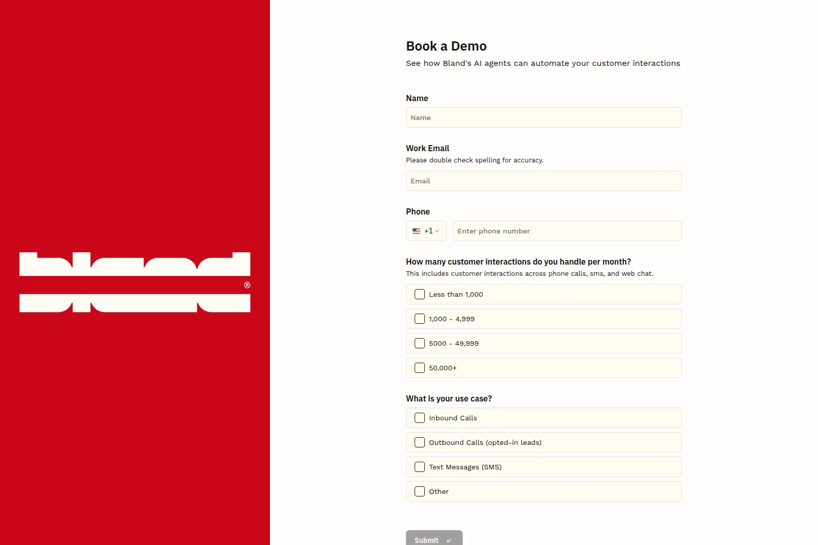 Bland AI demo booking form showing name, email, phone, customer interaction volume, and use case fields on a clean white background.