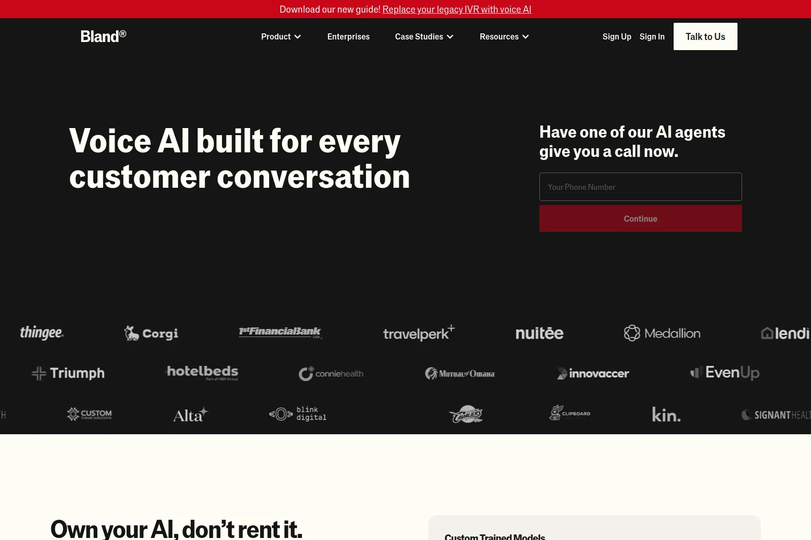 Bland AI homepage promoting Voice AI for customer conversations, featuring a call-back form for an AI agent and client logos on a sleek dark interface.
