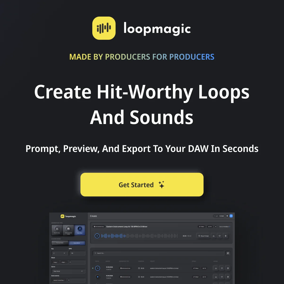 Loopmagic workspace UI showing the creation and preview of an Eastern instrument loop with a sleek dark-mode interface