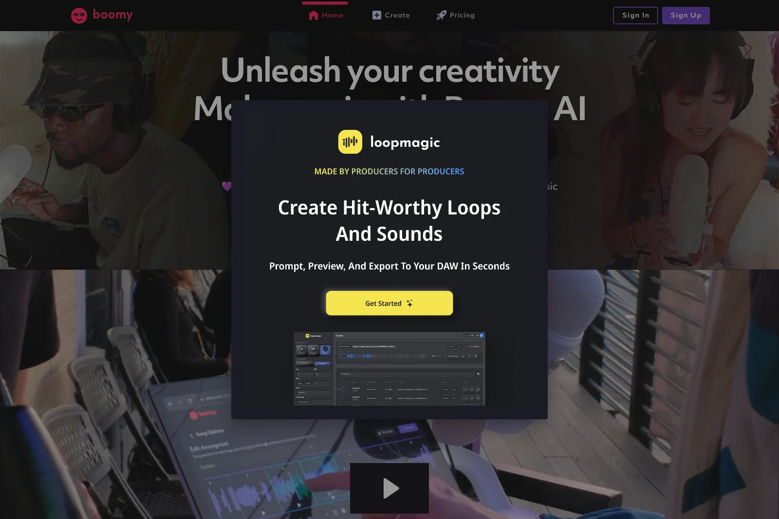 Boomy homepage displaying an intrusive 'Loopmagic' modal for creating hit-worthy loops, with music producers in a dark-themed studio background and a dark-mode UI.