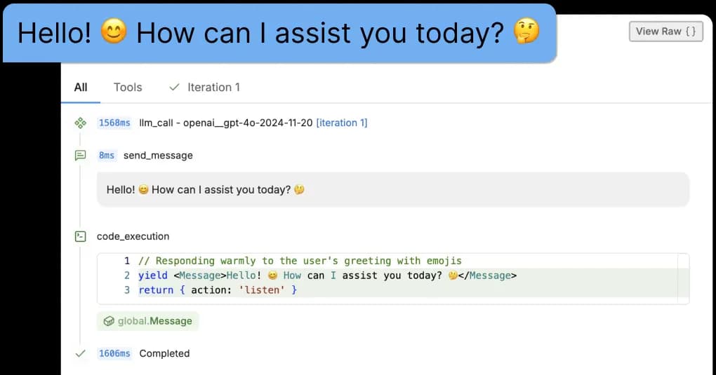 Botpress workspace UI displaying a bot's greeting message and the code block that generates it, within a modern, clean interface.