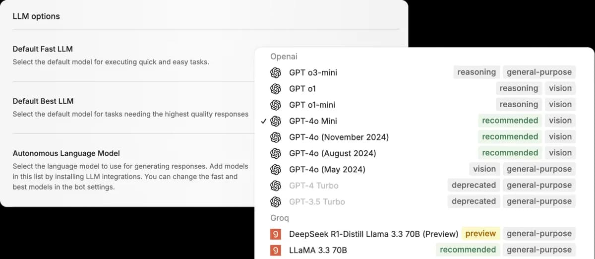 Botpress LLM options showing selection of OpenAI and Groq language models, with 'recommended' and 'vision' tags, in a clean interface.