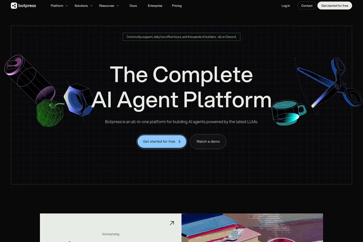 Botpress homepage hero presenting 'The Complete AI Agent Platform' value proposition with dynamic wireframe-style graphics and a dark theme.