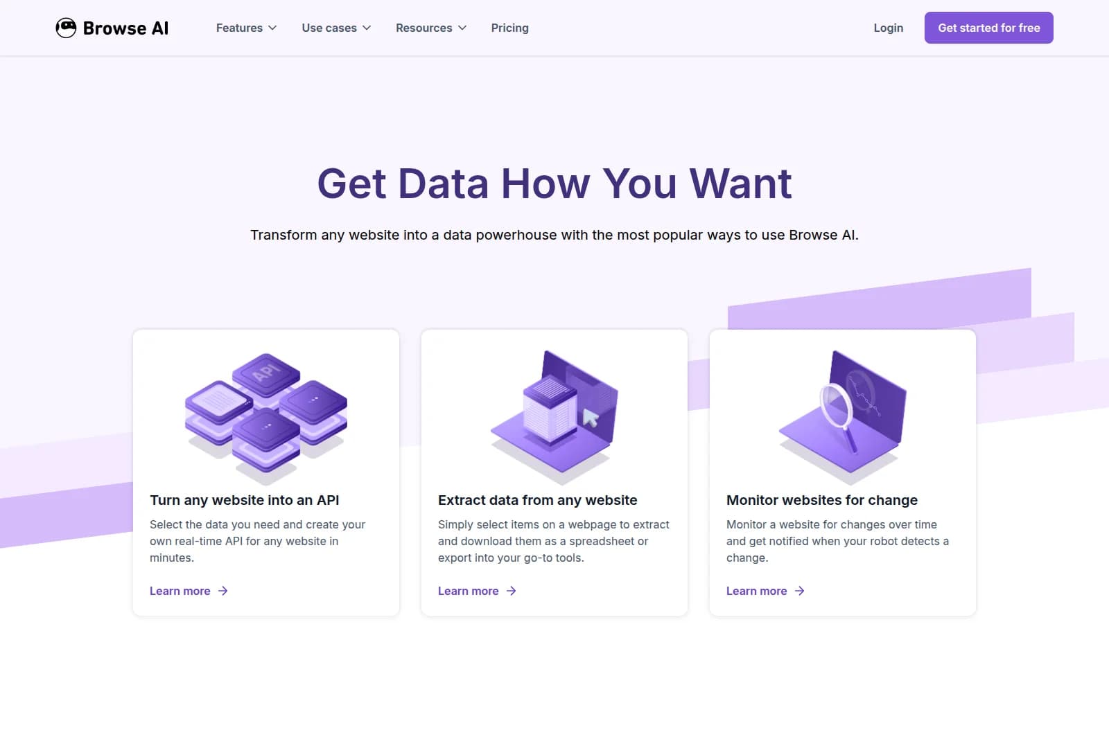 Browse AI features page showing data extraction, API creation, and website monitoring with clean isometric graphics.