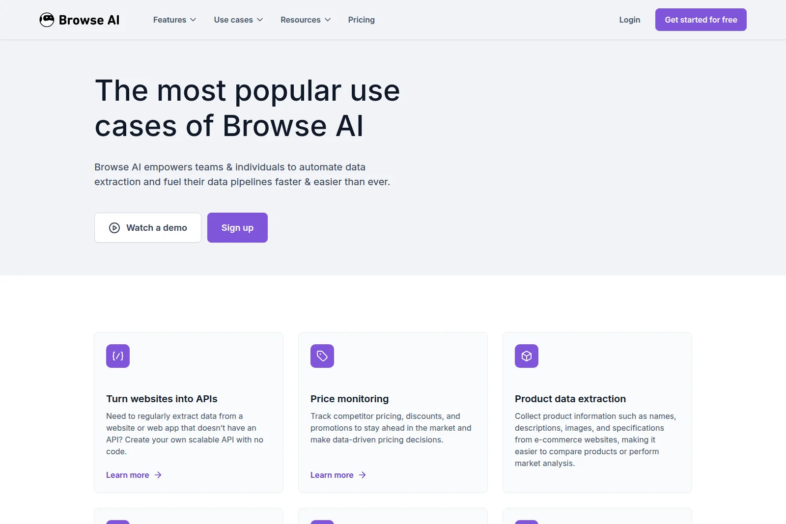 Browse AI use cases page highlighting data extraction and automation capabilities with a clean, modern interface.
