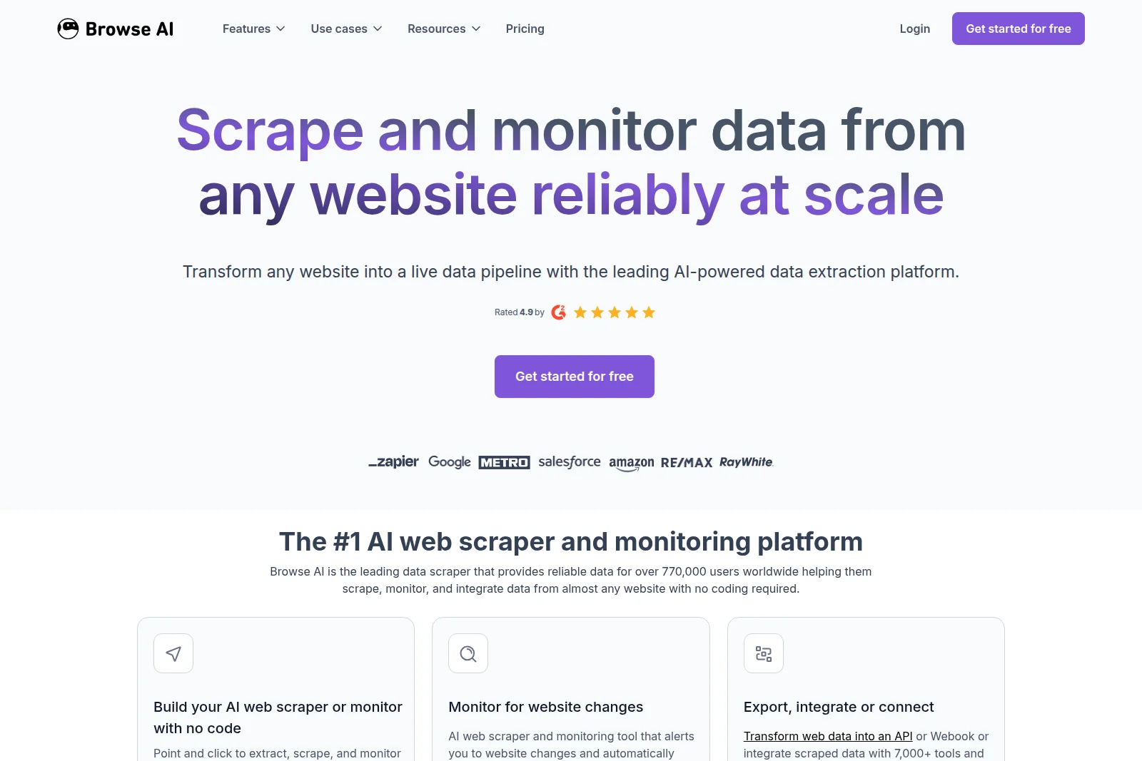 Browse AI homepage hero section, promoting reliable data scraping and monitoring at scale with a clean, modern interface.