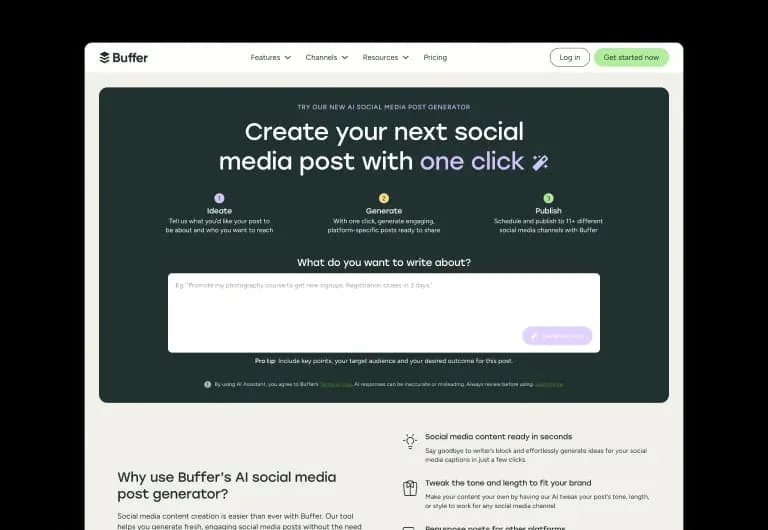 Buffer workspace UI showing the AI social media post generator with a dark-themed modern interface.