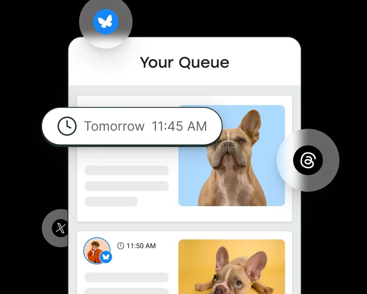 Buffer social media scheduling queue showing upcoming posts with dog images and platform icons in a clean, modern interface.