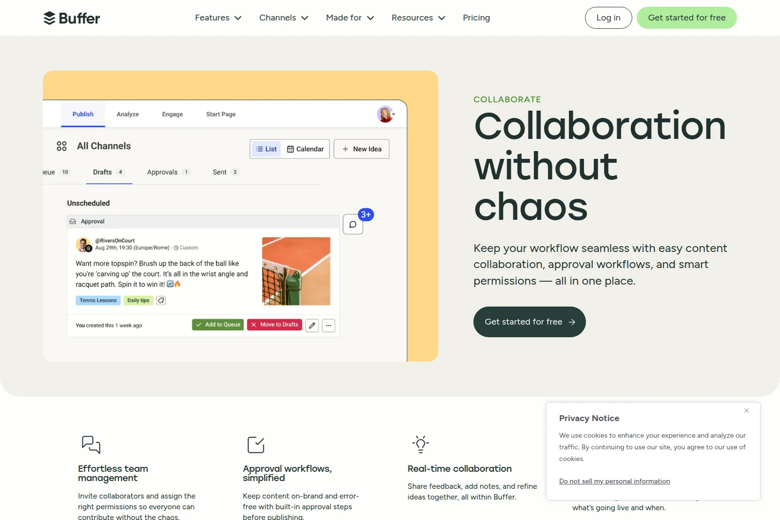 Buffer feature deep-dive showing a social media content draft and approval workflow with a clean UI.