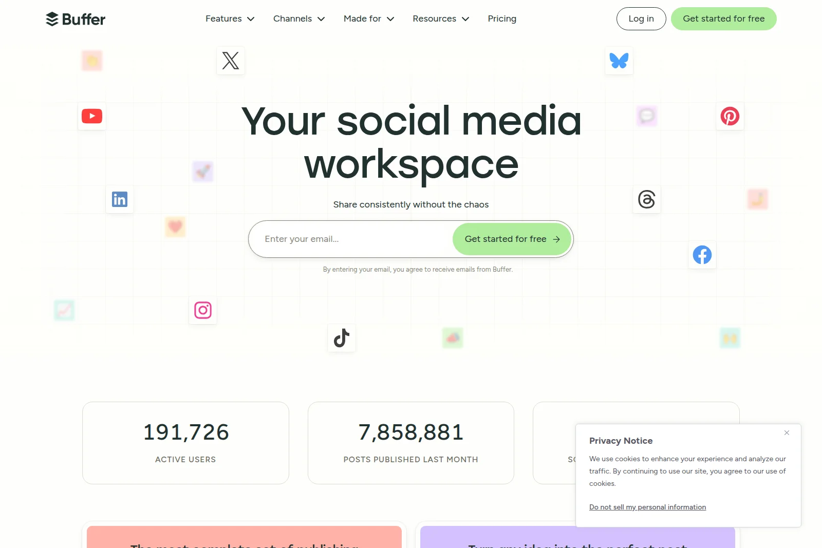 Buffer homepage showing social media workspace value proposition with an email signup form and various social platform icons in a clean light theme.