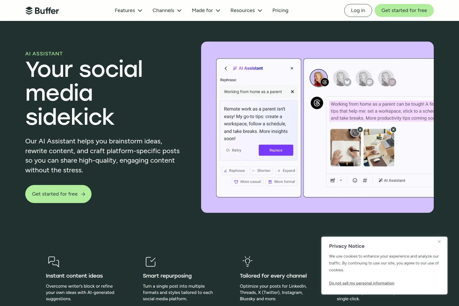 Buffer AI Assistant workspace showing social media content generation with rephrasing and image suggestions in a modern dark-themed interface.