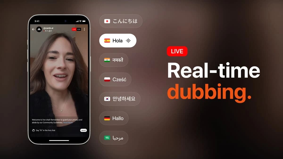 Camb.ai live stream interface showing a woman speaking with real-time dubbing options for various languages like Spanish, Hindi, and Japanese.