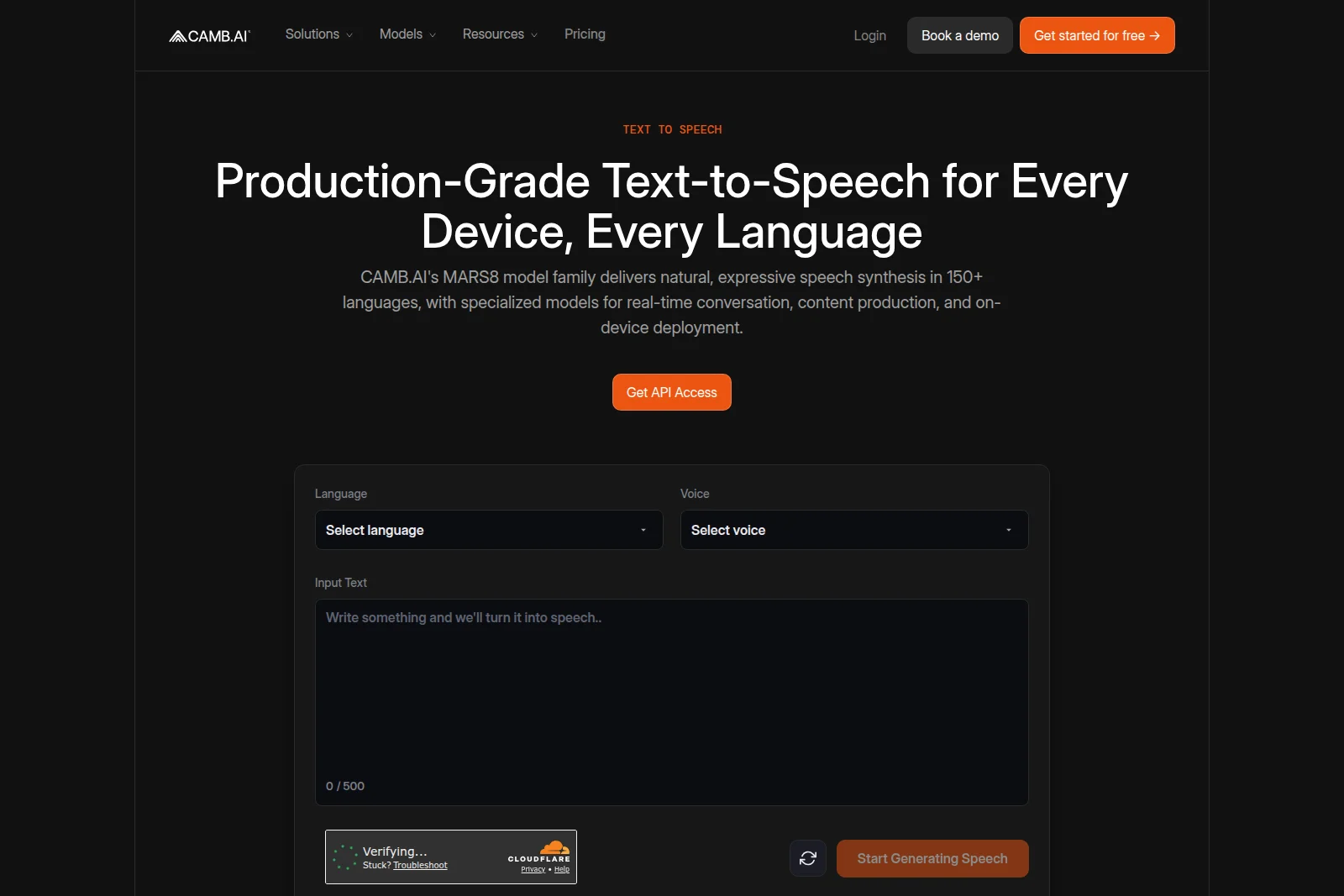 CAMB.AI text-to-speech workspace showing language, voice, and input text fields with a dark-themed modern interface.