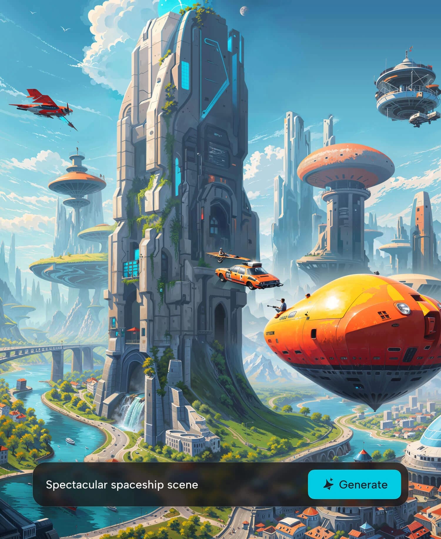 CapCut AI image generation output showing a spectacular futuristic cityscape with flying vehicles and a river, with a dark-themed UI prompt at the bottom.