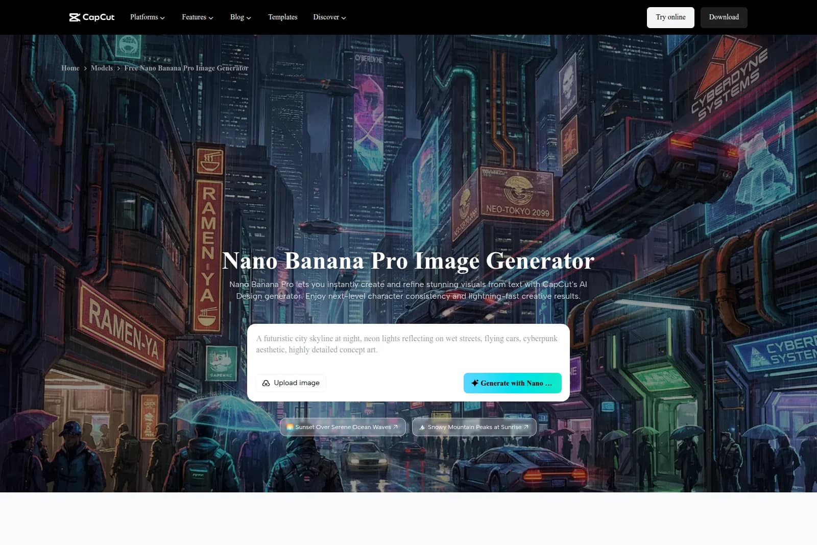CapCut Nano Banana Pro Image Generator workspace showing prompt input and controls on a futuristic cyberpunk cityscape background.