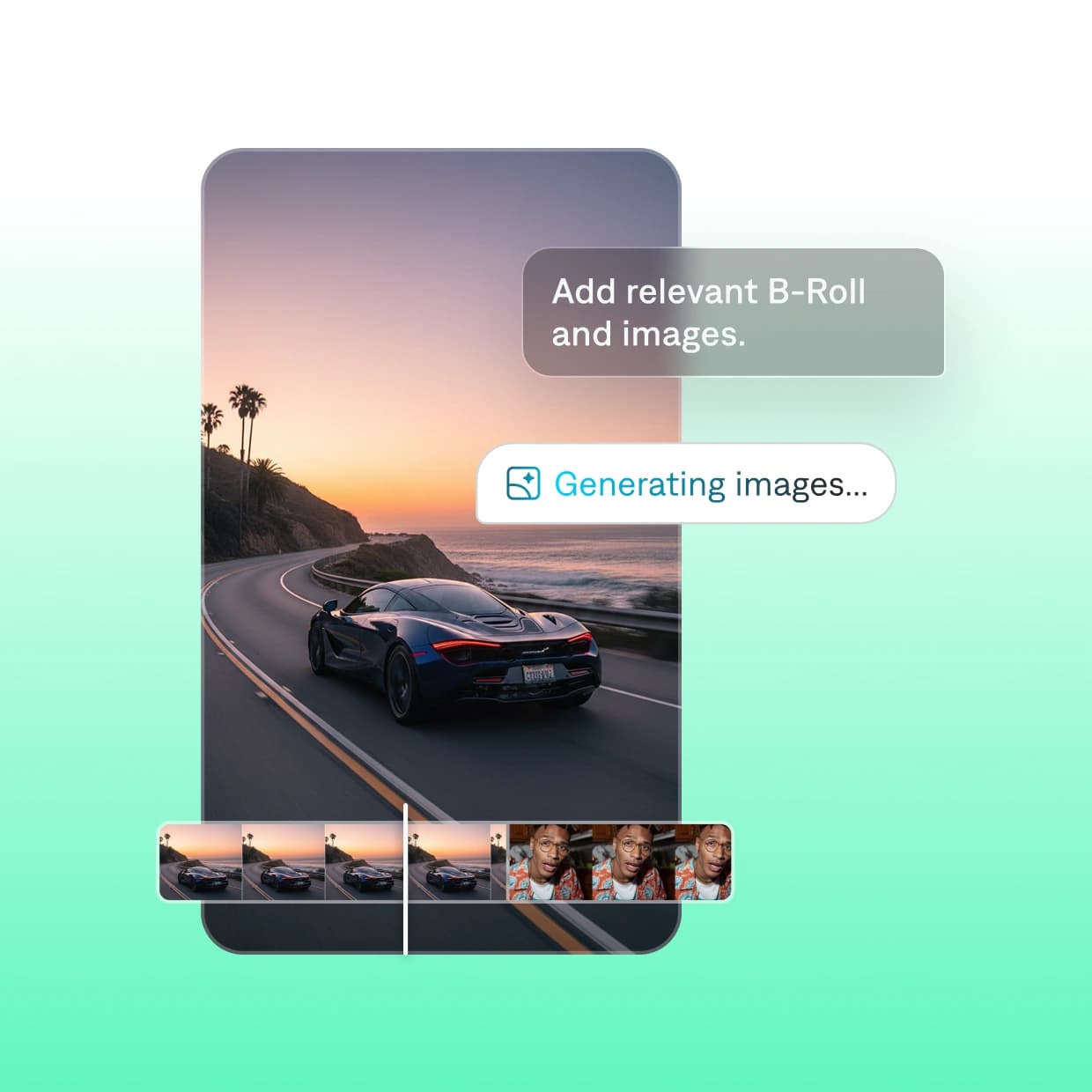 Captions mobile interface showing AI generating or adding B-Roll and images to a video timeline, with a scenic sunset drive and a luxury car in the background.
