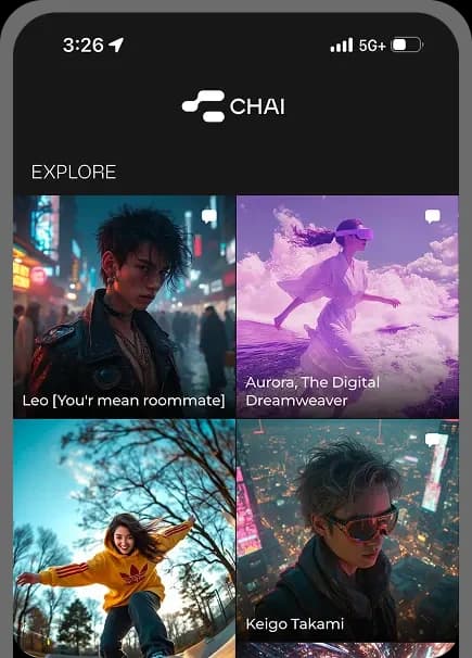 CHAI AI explore page displaying a grid of diverse AI characters for chat in a modern dark-mode interface.