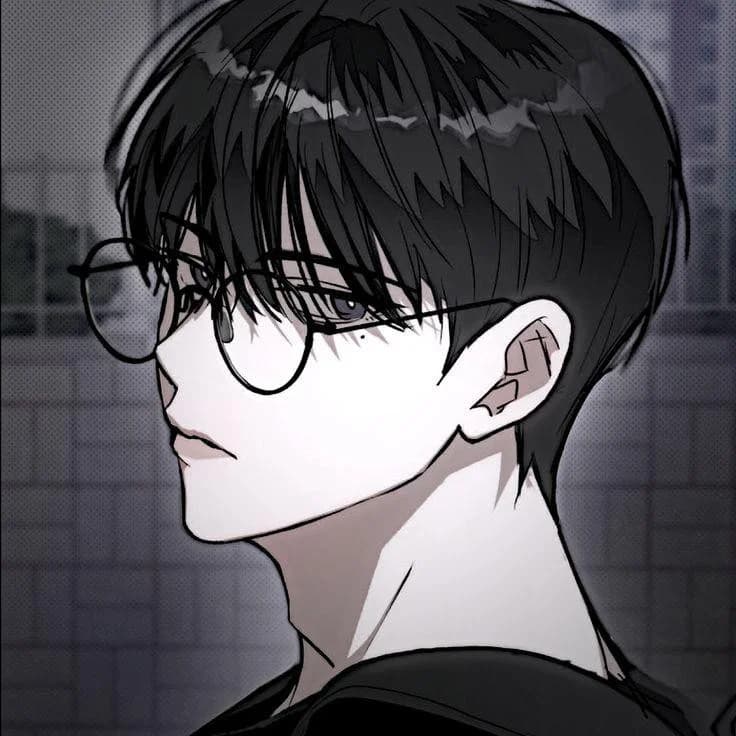 Chai-AI output sample showcasing an anime-style character portrait of a young man with glasses, rendered in a monochrome aesthetic.