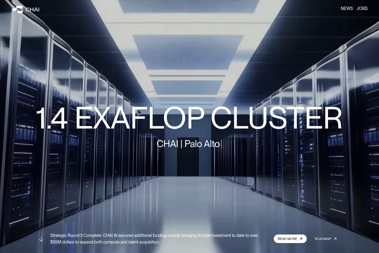 CHAI AI homepage hero displaying a 1.4 exaflop server cluster in a futuristic data center.